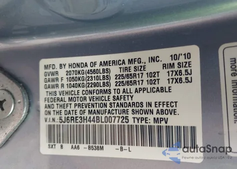 2011 Honda Cr-V Se from USA, damaged, VIN 5J6RE3H44BL007725